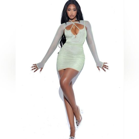 NWOT Miss Circle Flora Sage Green Mesh Stretchy Ruched Bodycon Halter Dress XL - Picture 4 of 13